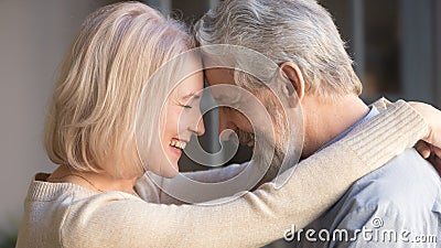 Loving old family couple bonding embracing enjoying moment of affection Stock Photo