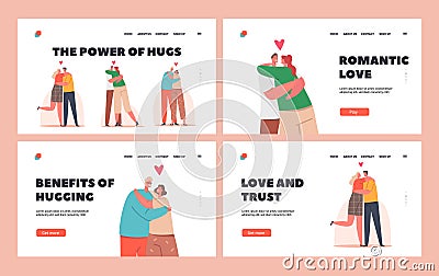 Loving People Hugs Landing Page Template Set. Loving Couples Romantic Relations. Happy Men and Women Embracing Vector Illustration