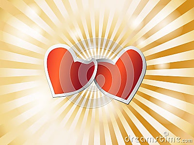 Loving red hearts clinging to each other in a golden glow Vector Illustration