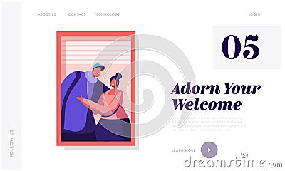 Loving Relations Website Landing Page. Happy Couple Hugging Each Other Standing at Open Window Vector Illustration