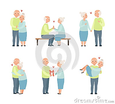 Loving Senior Couple Having Romantic Relations Holding Hands and Giving Gift Vector Set Vector Illustration