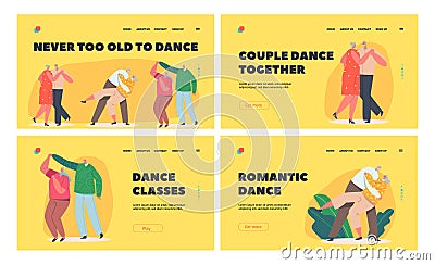 Loving Senior Couples Dance Landing Page Template Set. Happy Old Men and Women Embracing, Holding Hands Vector Illustration