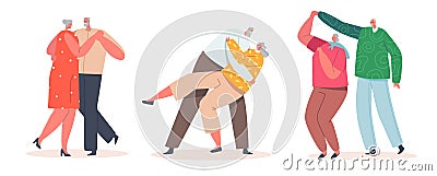 Loving Senior Couples Dance, Romantic Relations Concept. Happy Old Men and Women Embracing, Holding Hands Vector Illustration