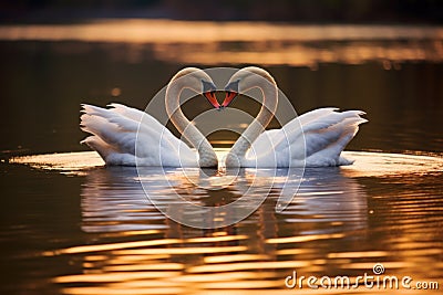 loving swans forming a heart shape on a serene lake Stock Photo
