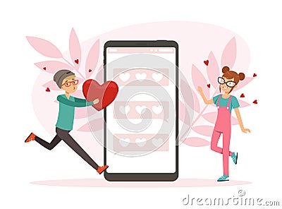 Loving Teenager Boy and Girl Near Smartphone Giving Heart Showing Love and Affection Vector Illustration Vector Illustration