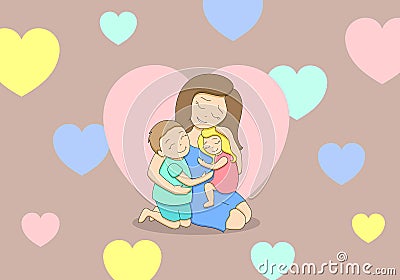 Mom with children on beige background with hearts Vector Illustration