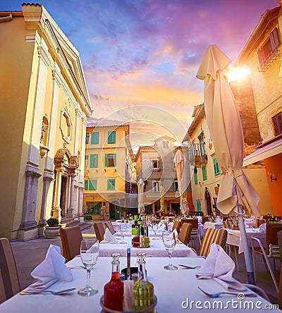 Lovran, Croatia. Central area of ancient old town restaurants Stock Photo