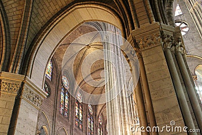 Low angle of the beautiful and unique interior of Notre Dame Cathedral Editorial Stock Photo