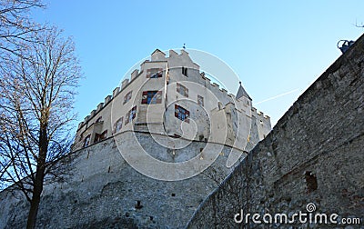 Low angle of Brunico castle in winter time, sunny day, Bruneck in Puster Valley, South Tyrol, Italy Stock Photo