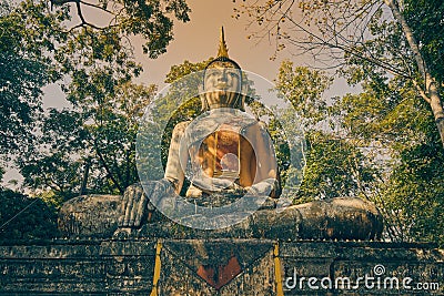 Low Angle Front Meditation Buddha Statue in Forest in Vintage Tone Editorial Stock Photo