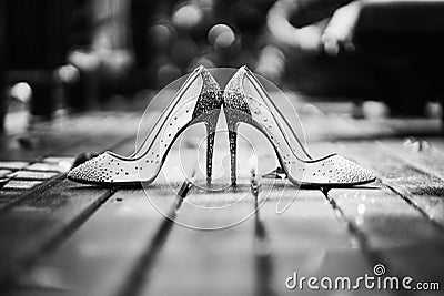 Low angle of high heels glitter women shoes place on the wooden floor in black and white Stock Photo