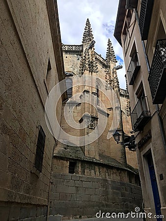 Low-angle of the historical gothic cathedral of Segovia, Spain Stock Photo