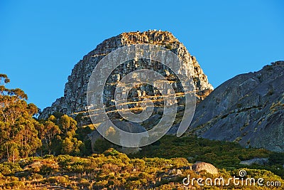 Low angle of a mountain peak in South Africa. Scenic landscape of a remote hiking location on Lions Head in Cape Town on Stock Photo