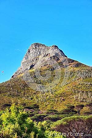 Low angle of a mountain peak in South Africa. Scenic landscape of a remote hiking location on Lions Head in Cape Town on Stock Photo