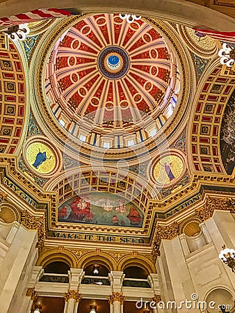 Low angle shot of the beautiful ceiling and walls of Capital Building in Harrisburg, Pennsylvania Stock Photo