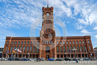 Low-angle shot of the berliner red city hallin Alexander Platz, Berlin Editorial Stock Photo