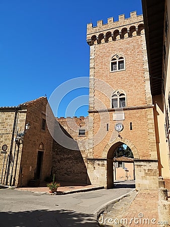 Low angle shot of Bolgheri Castle in Tuscany, Italy Stock Photo