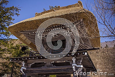 Low angle shot of a Buddhist temple in Shirakawa, Japan Stock Photo