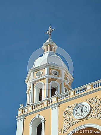 Low angle shot of Catedral metropolitana de Florianopolis with a clock tower in the foreground Stock Photo