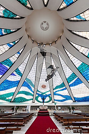 Low angle shot of the ceiling of The Cathedral of Brasilia in Brazil Editorial Stock Photo