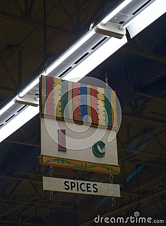 Low angle shot of a colorful spices sign hanging in a Mexican market Stock Photo