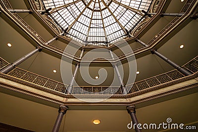 Low angle shot of a glass ceiling inside the Old Arcade in Cleveland, Ohio Editorial Stock Photo