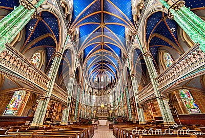 Low angle shot of the interior of Notre Dame Cathedral Basilica in Ottawa, Canada Editorial Stock Photo
