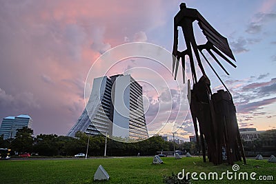 Low angle shot of the Monument To AÃ§orianos under the colorful sky captured in Brazil Editorial Stock Photo