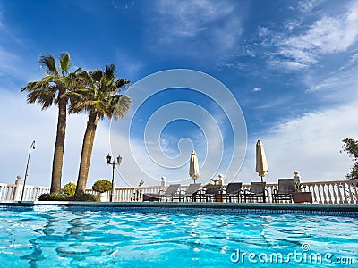 Low angle shot of pool with clear water and palm trees Stock Photo