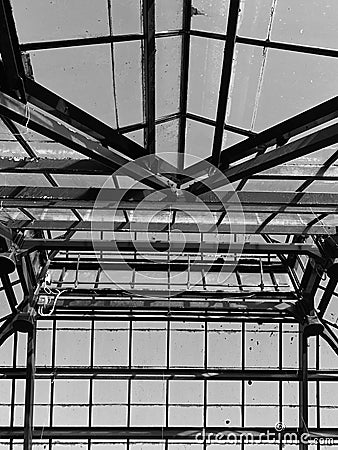 Low angle shot of a roof of a building made of glass and lots of metal frames Stock Photo