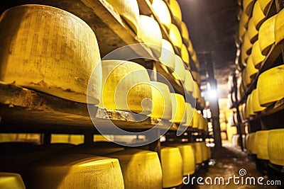 low angle shot of stacked cheese rounds in aged cellar Stock Photo