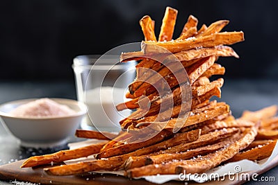 a low angle shot of tall stack of sweet potato fries Stock Photo