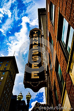 Low angle shot of the Tennessee Theater signage in Downtown Knoxville Editorial Stock Photo