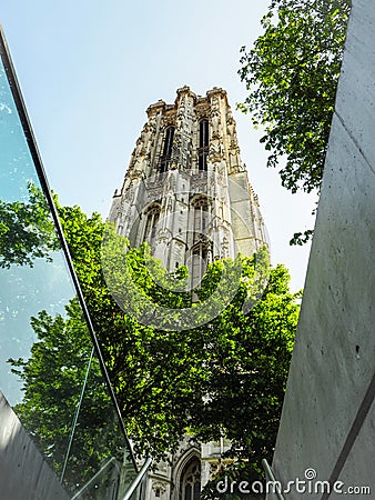 Low angle view of the ancient Saint Rumbold`s Cathedral in Mechelen Stock Photo