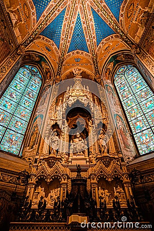 Low angle view of the astonishingly beautiful interior of the Notre-Dame de Paris cathedral Editorial Stock Photo