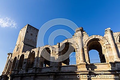 low angle view of beautiful famous ancient Arles Amphitheatre Stock Photo