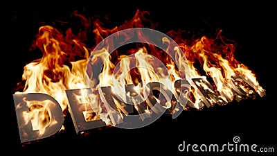 Low-angle view of Big Democracy Word on Fire with High Flames on Black Stock Photo