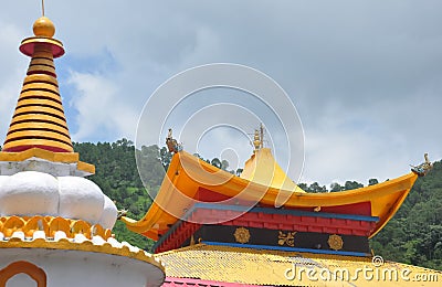 Low angle view of Buddhist temple roof in Rewalsar lake Mandi, Himachal Pradesh, India Stock Photo