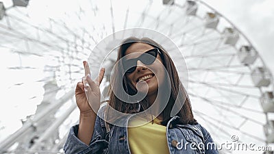 Low angle view of cheerful traveler Stock Photo