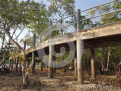 Low angle view of concrete footbridge at wetland Stock Photo