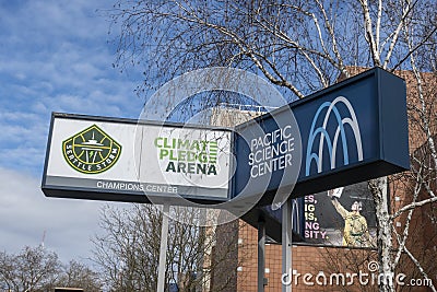 Seattle, WA USA - circa March 2022: Low angle view of the entrance sign to the Climate Pledge Arena for the Seattle hockey team an Editorial Stock Photo