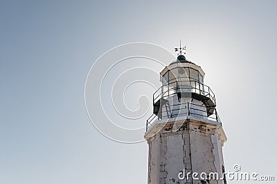 Low angle view of the exterior of Armenistis Lighthouse in Mykonos, Greece Stock Photo