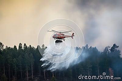 Helicopter putting out fire over tall trees Stock Photo