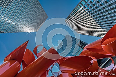 Low angle view of Iliad Japan metal sculpture by Alexander Liberman at Otemachi Tokyo Sankei Building Metro Square. Editorial Stock Photo