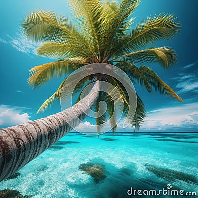 A low-angle view looking from under a palm tree leaning out over crystal-clear ocean waters Stock Photo