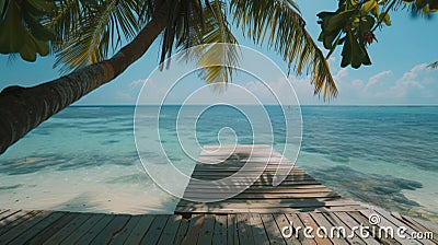 A low-angle view looking from under a palm tree leaning out over crystal-clear ocean waters Stock Photo