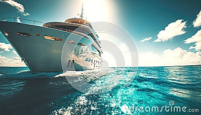 Low angle view on luxury yacht from the paradise turquoise ocean water surface. Sunny day in tropic sea. Generative AI Stock Photo