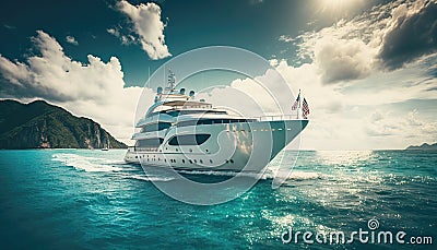 Low angle view on luxury yacht from the paradise turquoise ocean water surface. Sunny day in tropic sea. Generative AI Stock Photo
