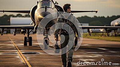 Low angle view of a male pilot walking away from an airplane at an airfield Stock Photo