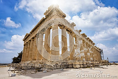 Low angle view of the marble columns of the Parthenon Temple at the Acropolis of Athens Stock Photo